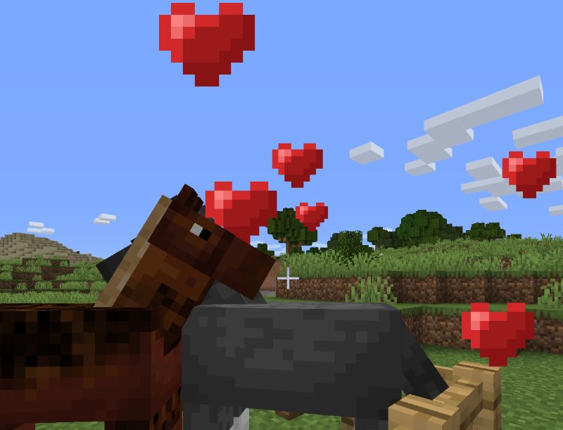 red hearts over horses in love mating in minecraft and breeding a baby horse